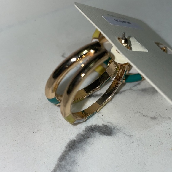 GOLD PLATED MEDIUM SIZED YELLOW/WHITE/GREEN COLOR BLOCK HOOP EARRINGS - Picture 6 of 6